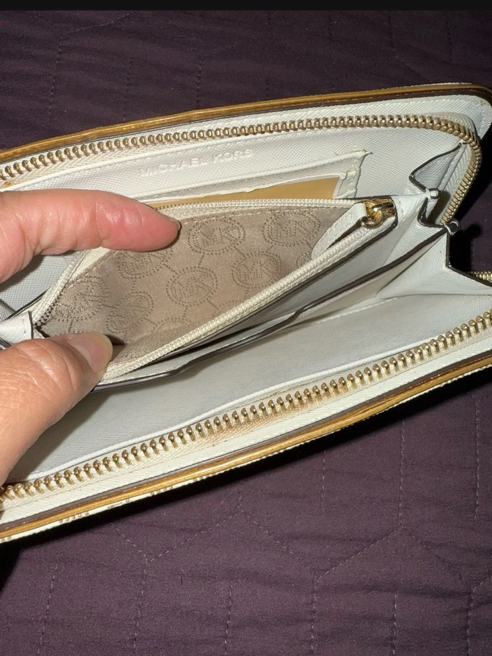 Michael Kors Cream Logo Zip Wristlet with Tan Strap and Gold Hardware